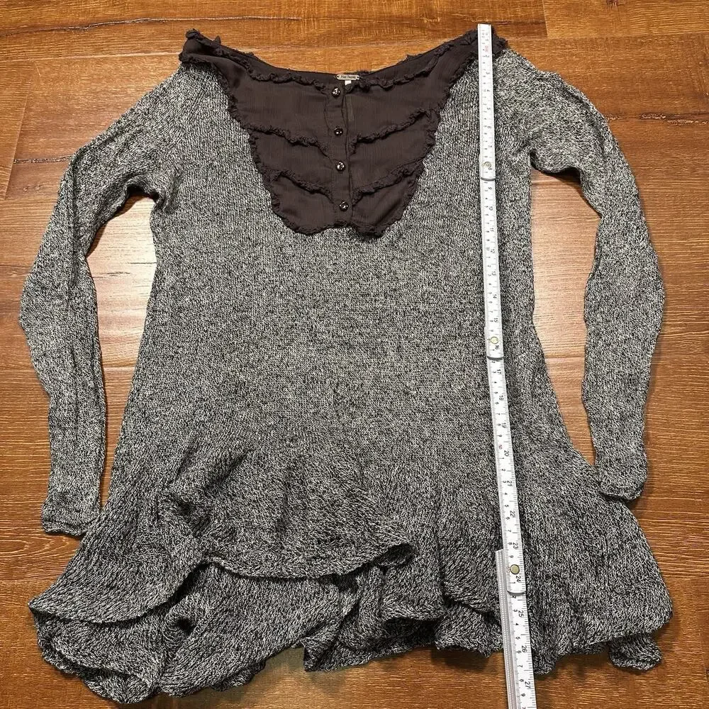 Free People Top Womens S/M Gray 100% Linen Long Sleeve Y2K Bella Swan Babydoll